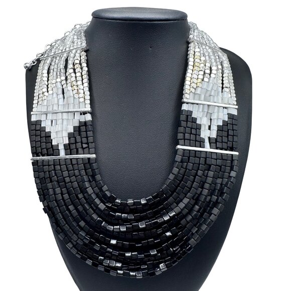 Chico's Necklace NWT Jewlery Statement 21.5" Adjustable Beaded Silver Tone Black - Picture 1 of 11